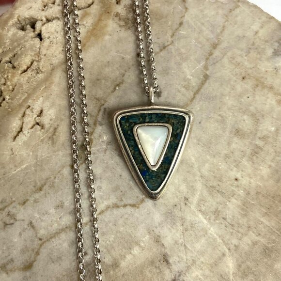 Sterling Silver 925 Relios Carolyn Pollack Green Stone MOP Pendant Necklace 18" - Picture 4 of 16